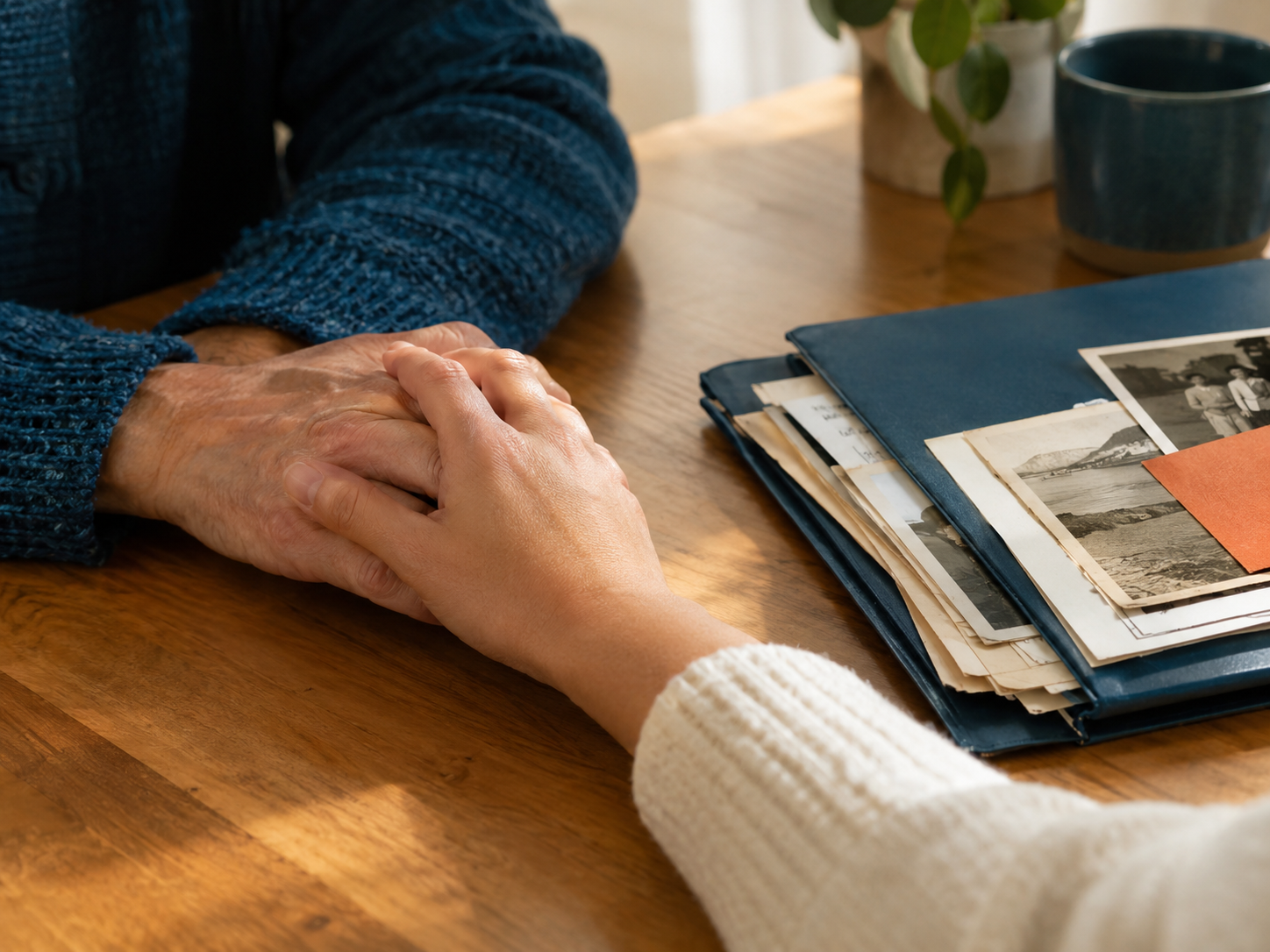 Ilustración: dos personas tomadas de la mano sobre una mesa, junto a un álbum de fotos familiares