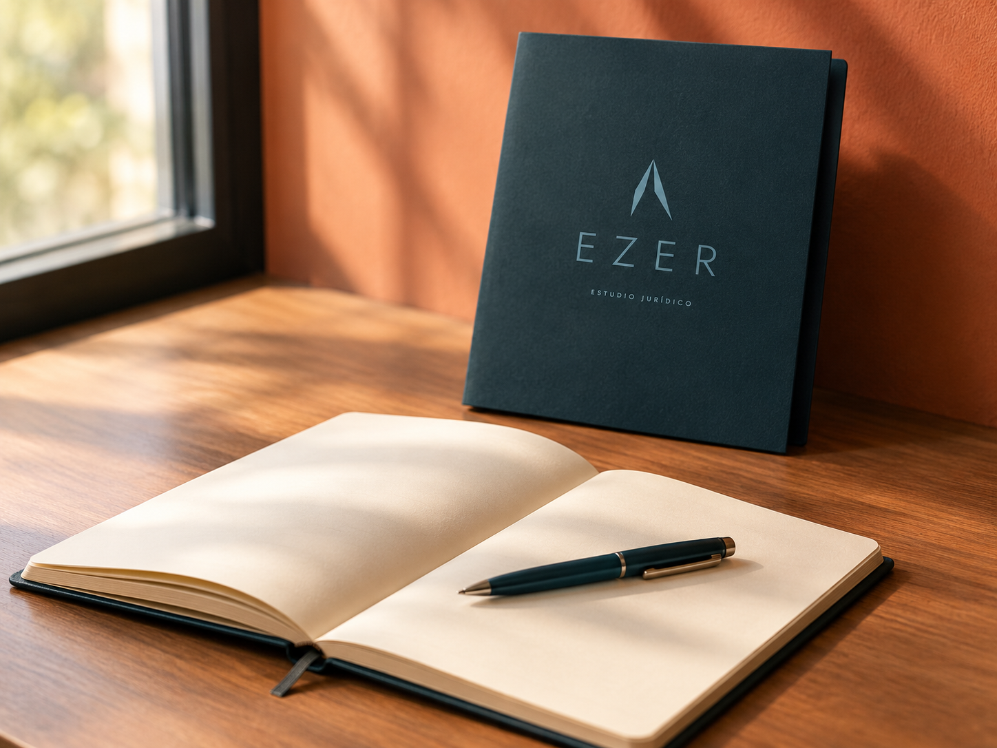 Escritorio con un cuaderno abierto y una carpeta de Ezer